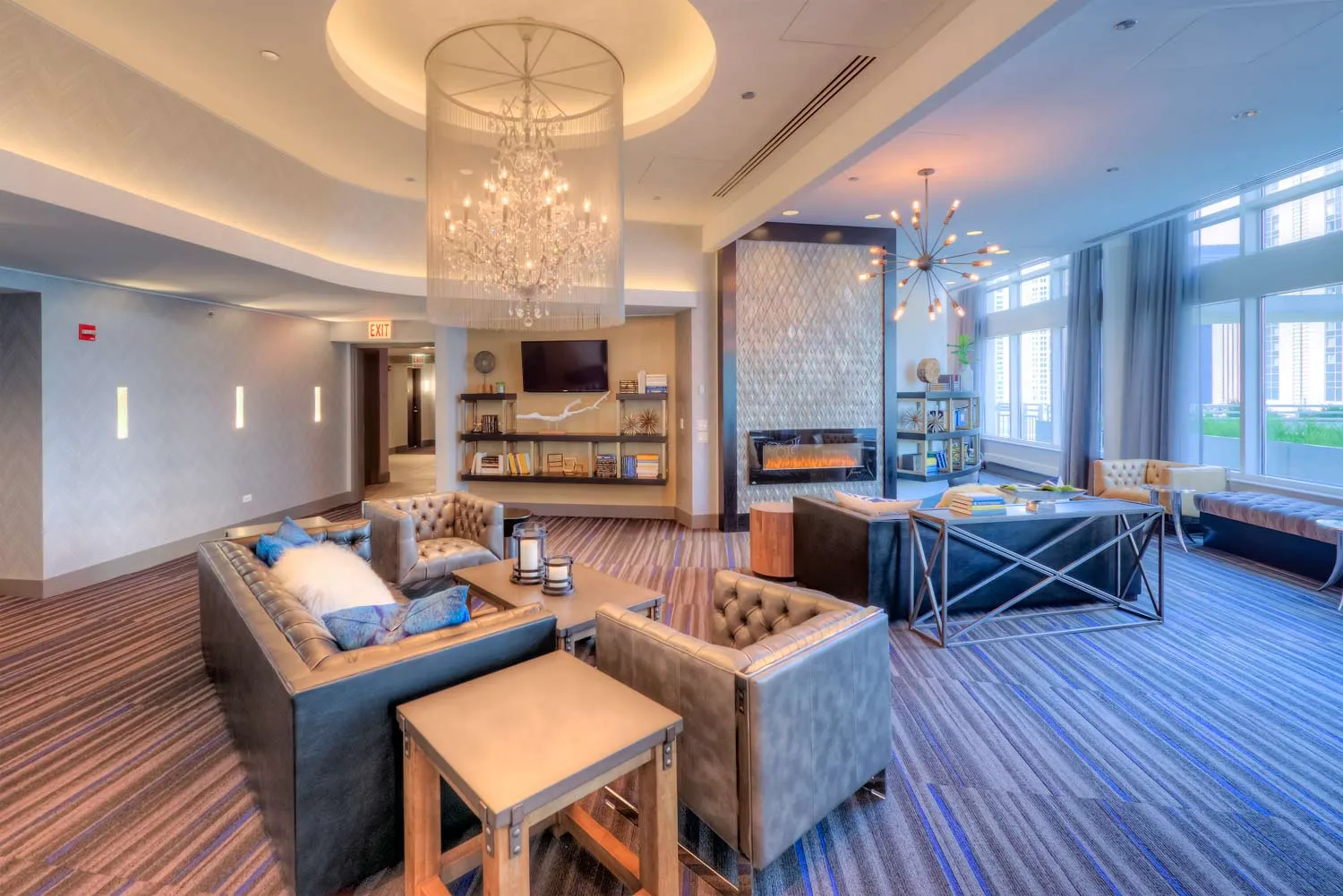 living room with downtown view at Atwater apartments in Streeterville