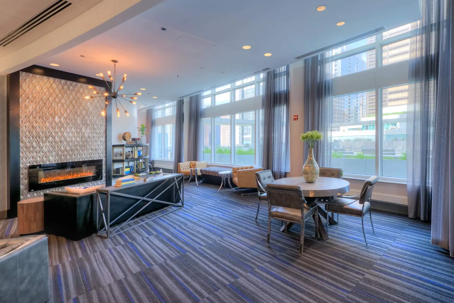 living room with downtown view at Atwater apartments in Streeterville