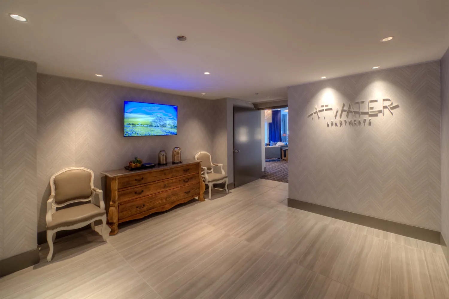 living room with downtown view at Atwater apartments in Streeterville