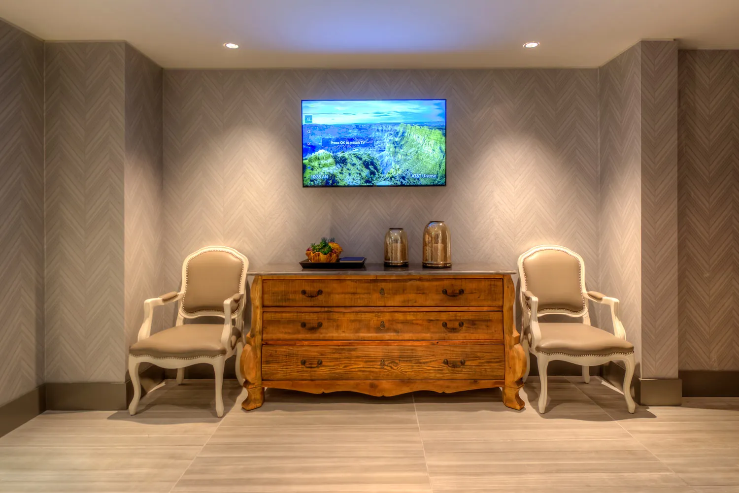 living room with downtown view at Atwater apartments in Streeterville