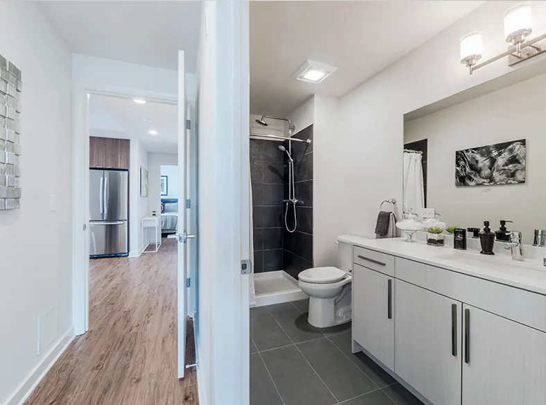 living area in model unit at The Hensley Apartments in Chicago