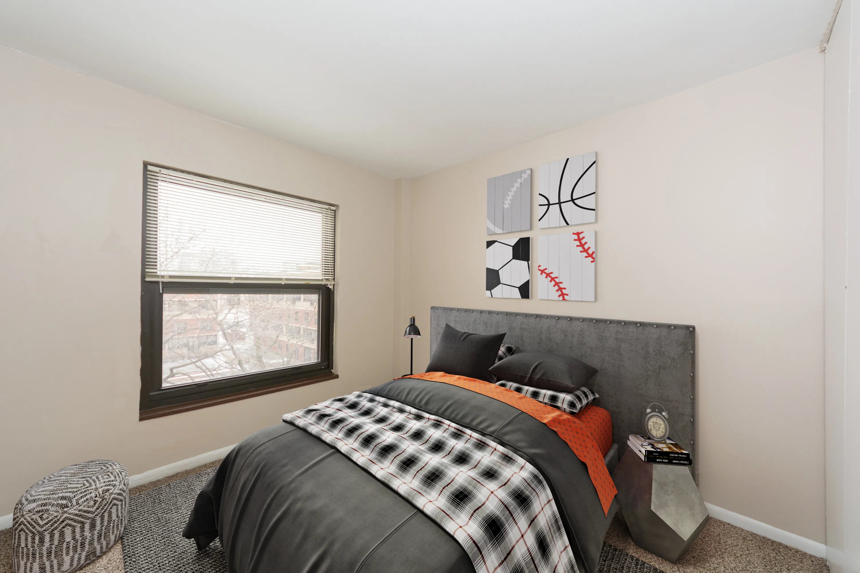 model unit furnished living room at Eden Common Apartments in Bronzeville