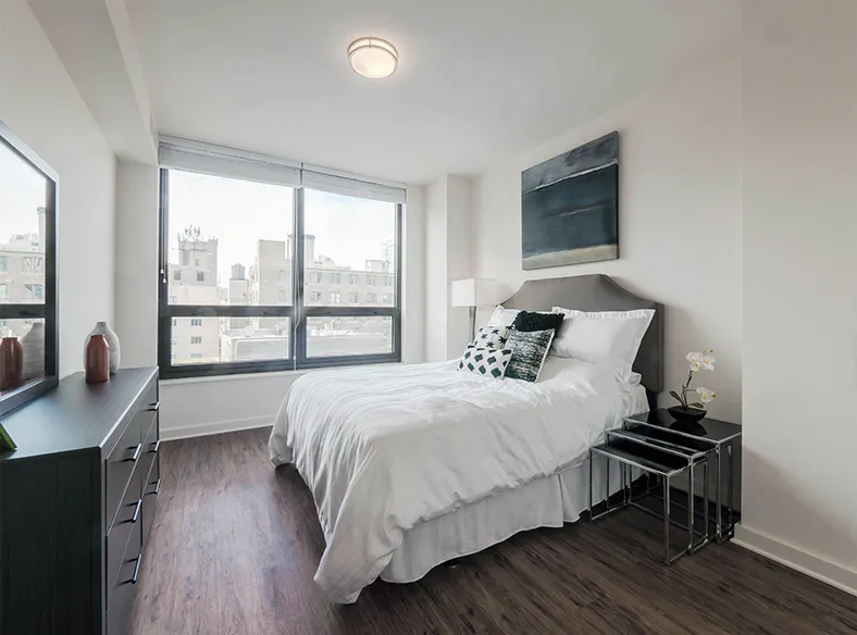 living area in model unit at The Hensley Apartments in Chicago