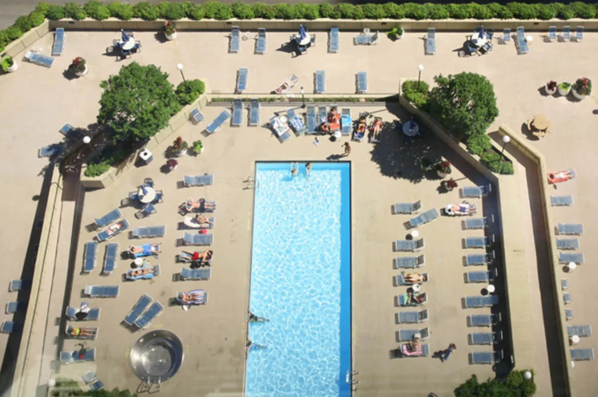 aerial view of outdoor pool at Lake Shore Plaza Apartments