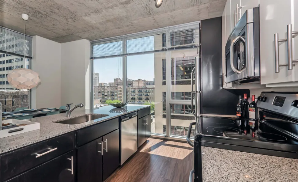 living room model apartment at JeffJack Apartments in the Chicago Loop