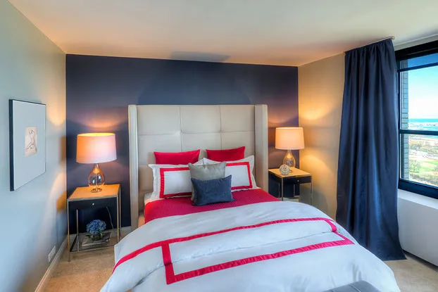 living room with lake view at Eleven Thirty Apartments in the South Loop
