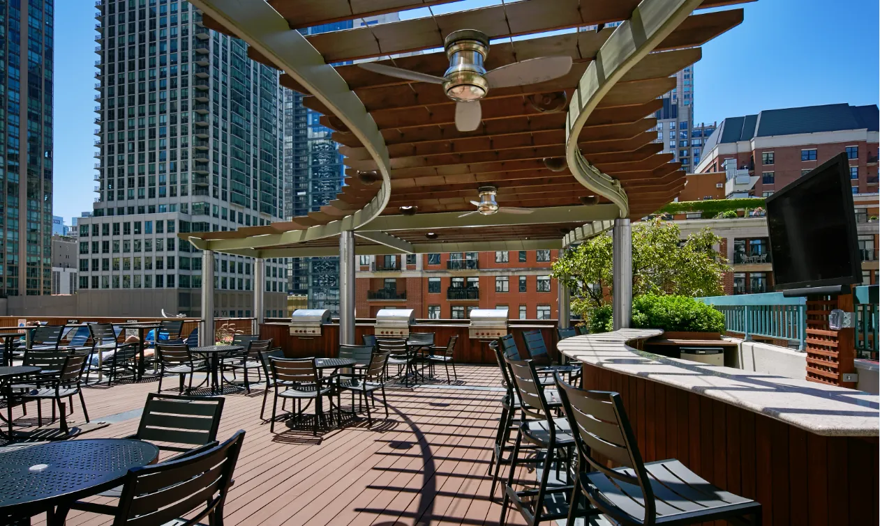 model living room with furnishings at One Superior Place Apartments