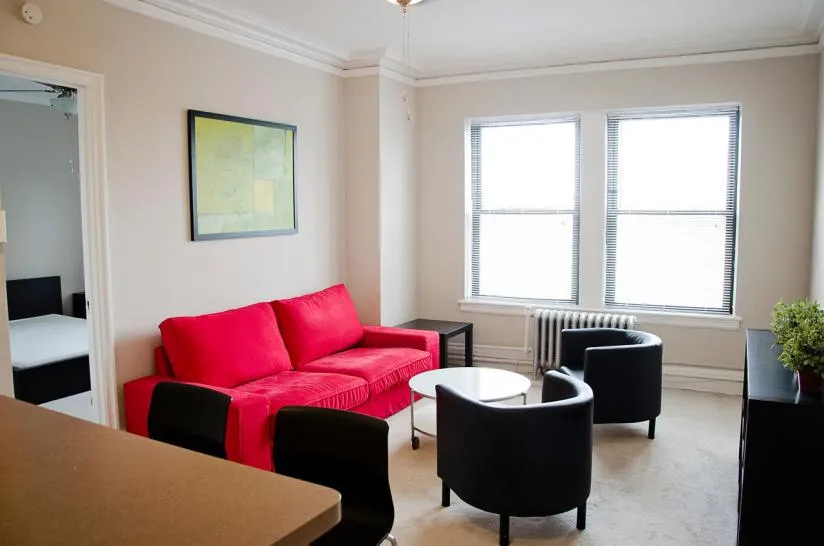 facade of the original historic The Mayfair Apartments in Hyde Park Chicago