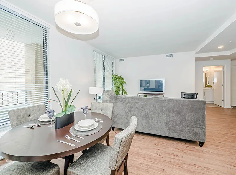 living area in model unit at The Hensley Apartments in Chicago