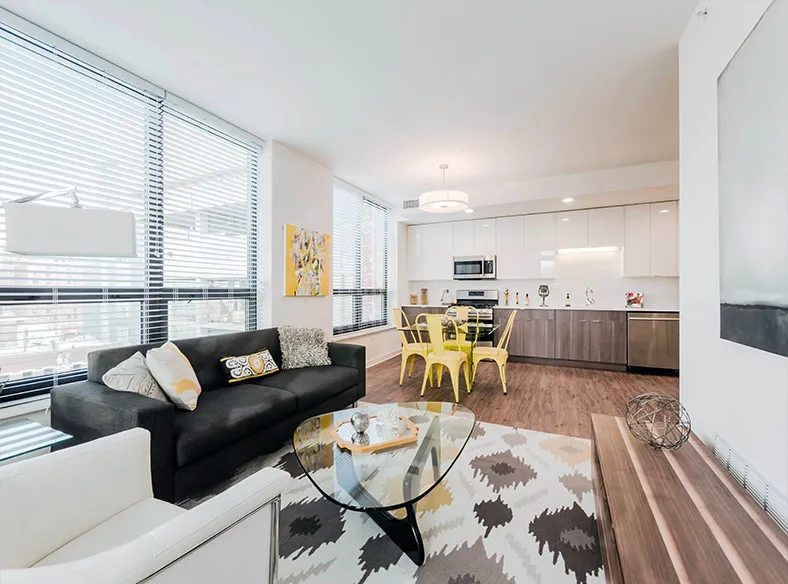 living area in model unit at The Hensley Apartments in Chicago