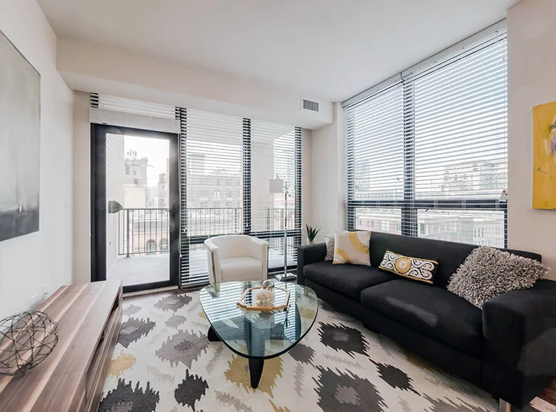 living area in model unit at The Hensley Apartments in Chicago