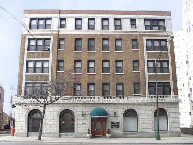 The historic vintage facade of the Beachwalk Apartments in Lincoln Park