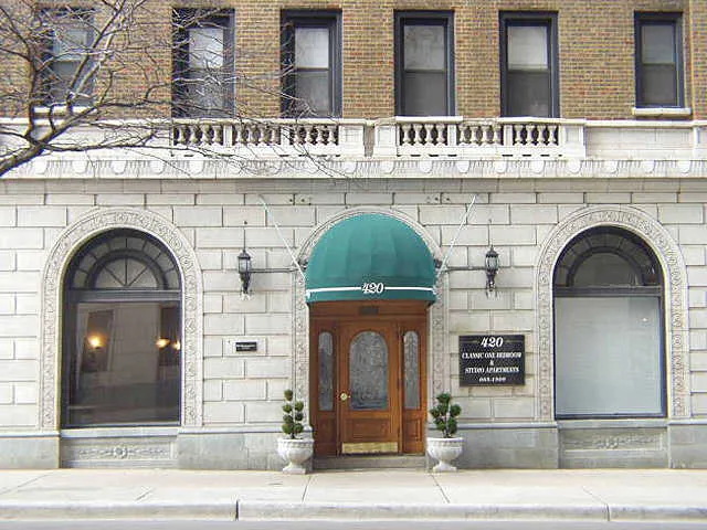 The historic vintage facade of the Beachwalk Apartments in Lincoln Park