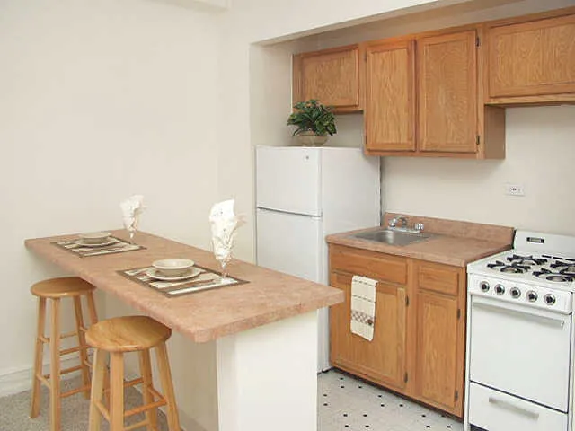 The historic vintage facade of the Beachwalk Apartments in Lincoln Park