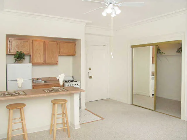 The historic vintage facade of the Beachwalk Apartments in Lincoln Park