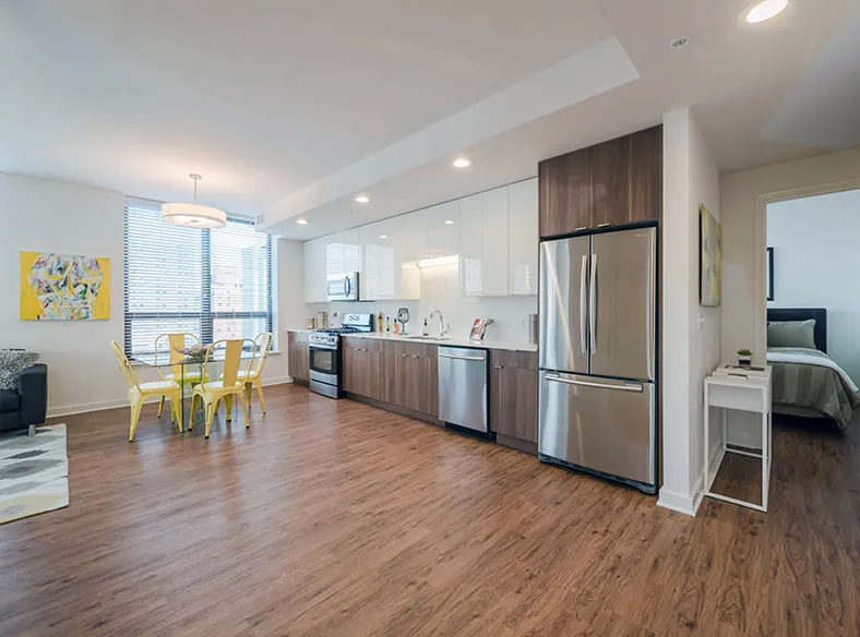 living area in model unit at The Hensley Apartments in Chicago