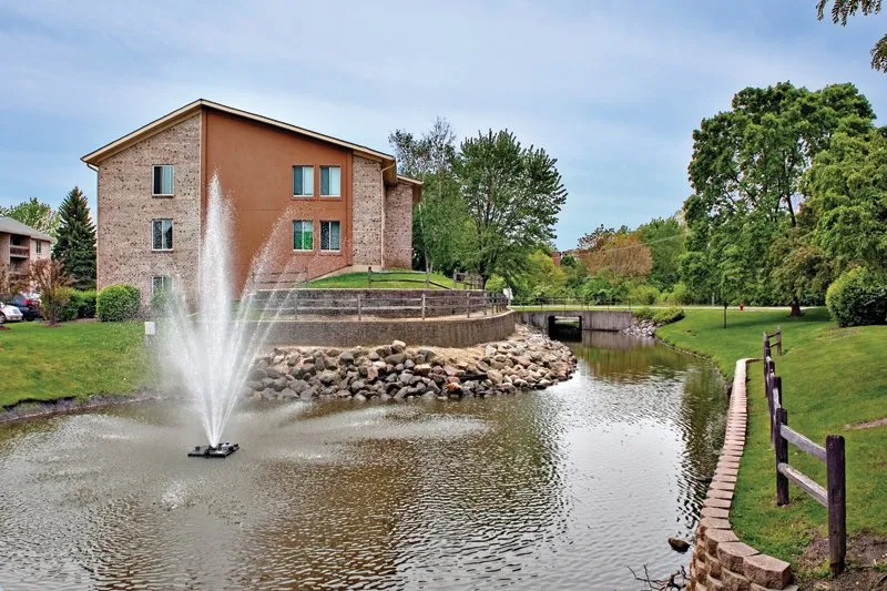reflection pond in front of Lakeside Apartments in Lisle, IL