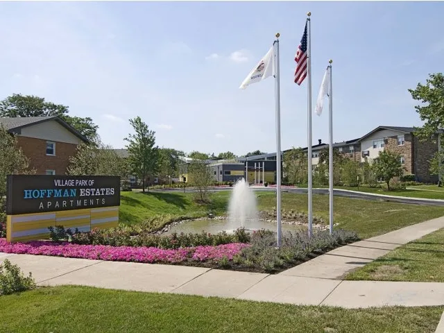 landscped entrance lobby of Village Park of Hoffman Estates Apartments