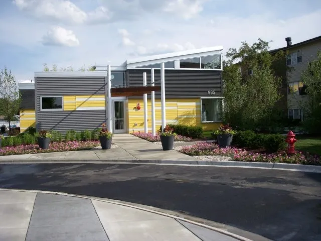 landscped entrance lobby of Village Park of Hoffman Estates Apartments