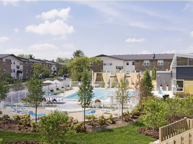 landscped entrance lobby of Village Park of Hoffman Estates Apartments