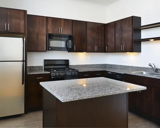 kitchen and living area at 1471 North Milwaukee Apartments  in Wicker Park