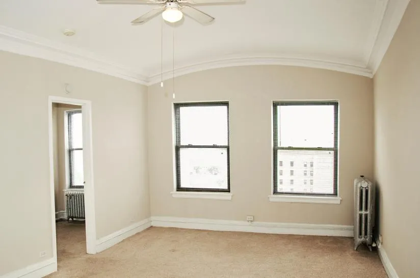 facade of the original historic The Mayfair Apartments in Hyde Park Chicago