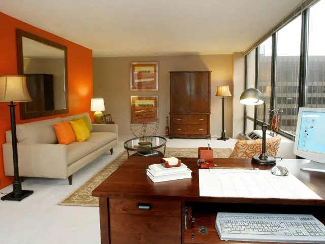 model furnished living room at Columbus Plaza Apartments