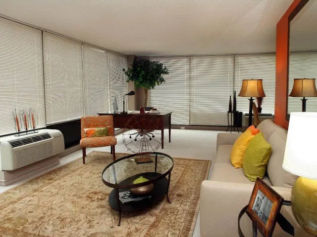model furnished living room at Columbus Plaza Apartments