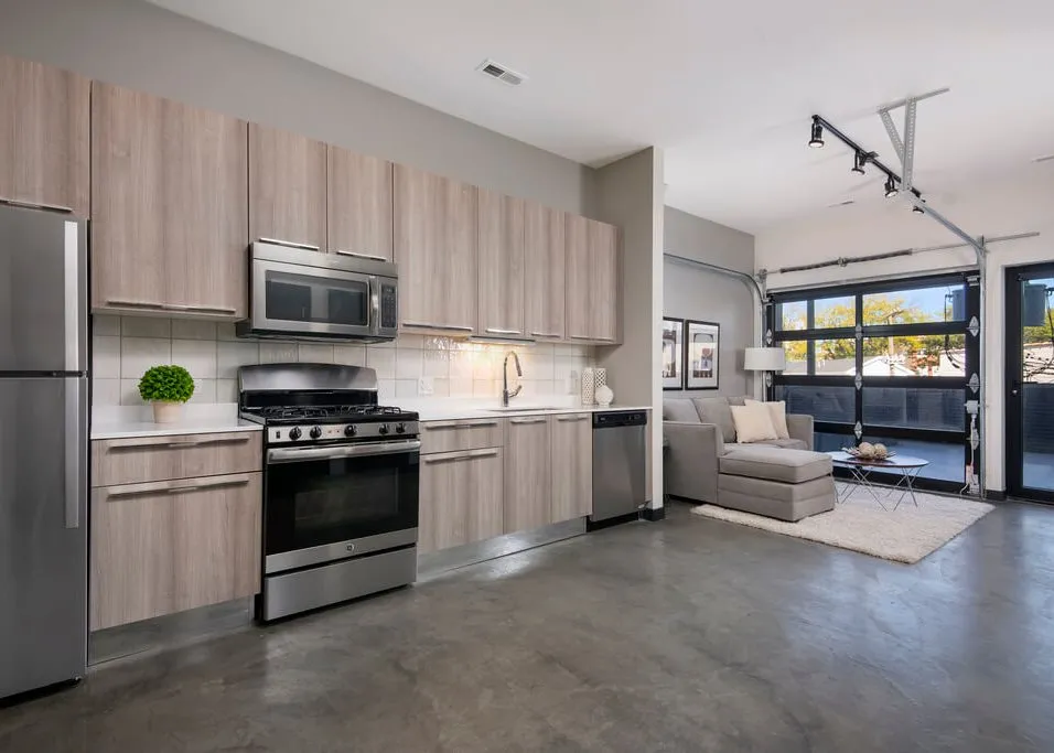 living room in the model apartment at 1647 North Milwaukee Apartments