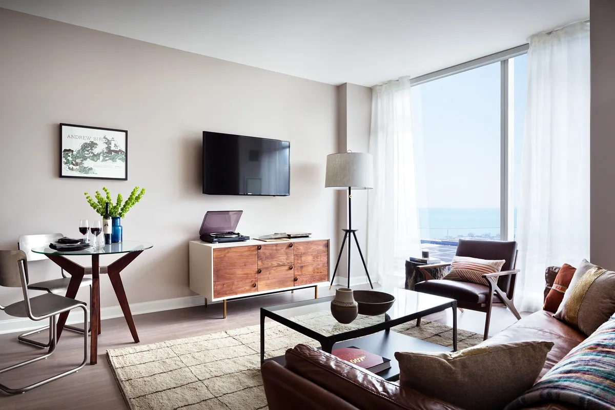 500 Lake Shore Drive Apartments living room with view of Lake Michigan