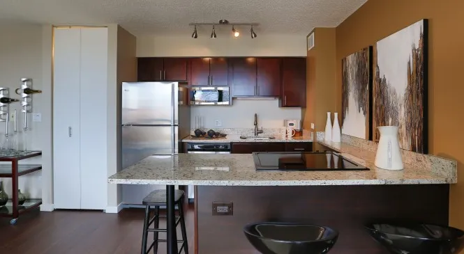 model living room with furnishings at One Superior Place Apartments