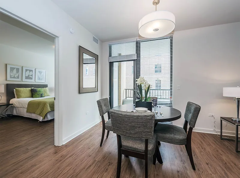 living area in model unit at The Hensley Apartments in Chicago