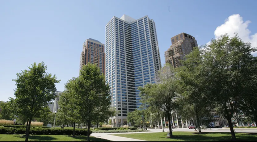 living room with lake view at Eleven Thirty Apartments in the South Loop