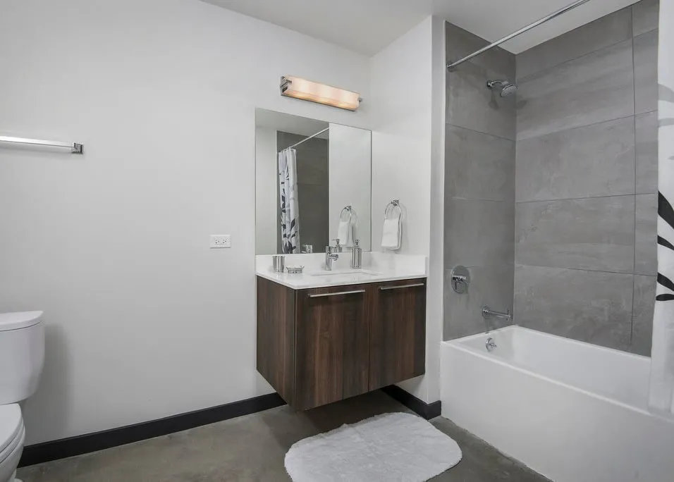 living room in the model apartment at 1647 North Milwaukee Apartments