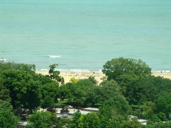 flowers surround the entrance of The Park Evanston Apartments in Evanston