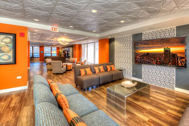 living room with lake view at Eleven Thirty Apartments in the South Loop