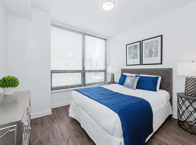 living area in model unit at The Hensley Apartments in Chicago