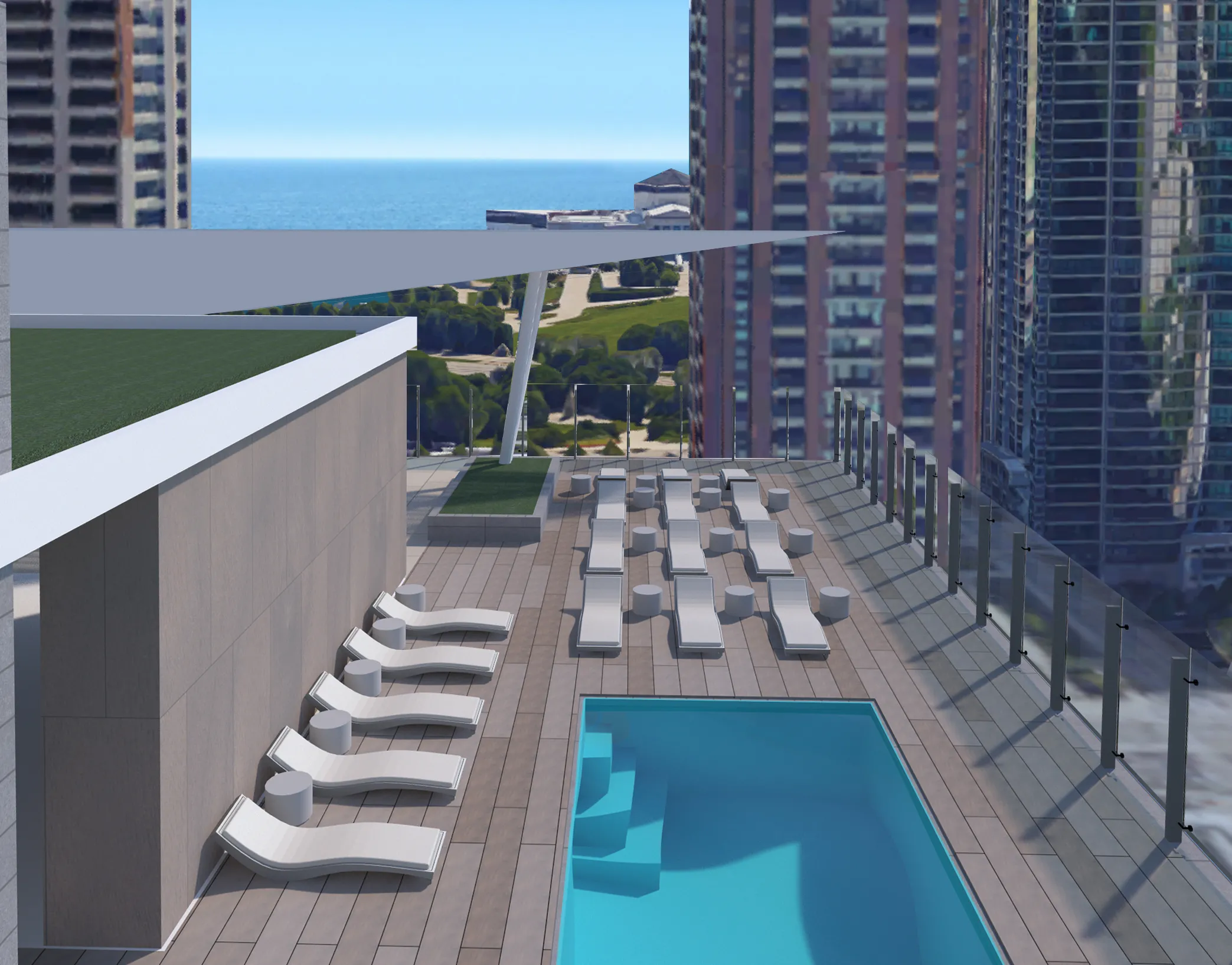 kitchen island, living area and view of the lake at Eleven40 Apartments