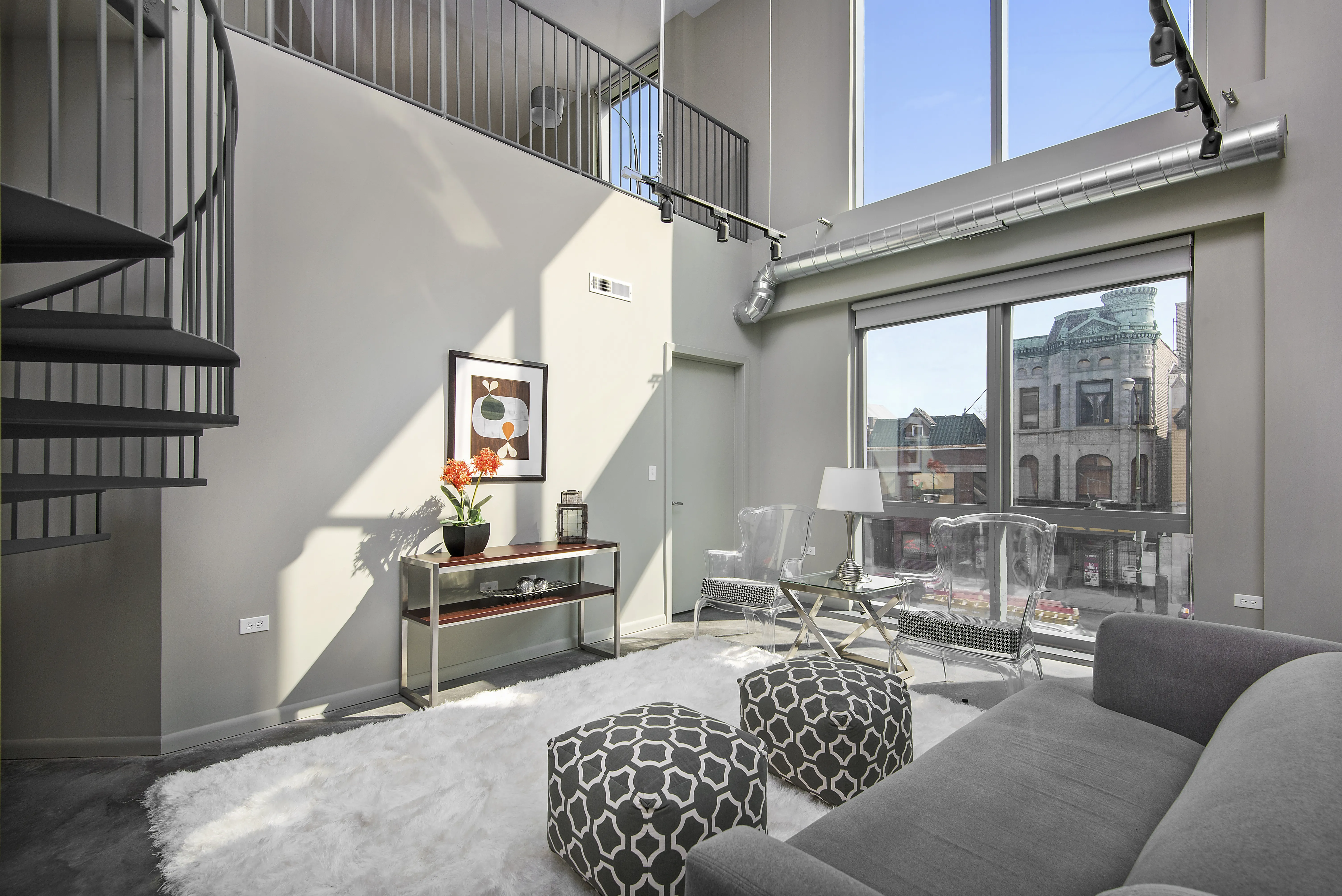 lower level living room at 1241 N Milwaukee Apartments in Wicker Park