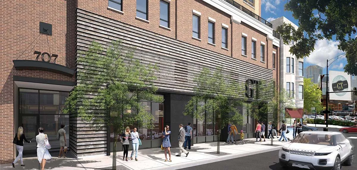 living area in model unit at The Hensley Apartments in Chicago