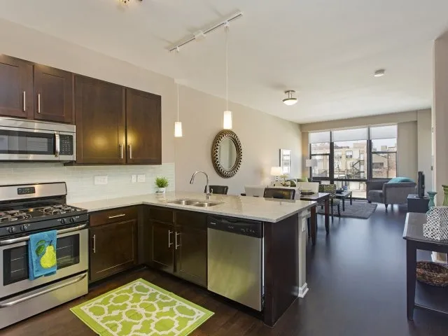 modern kitchen with brown wood cabints at The Shelby Apartments in Chicago