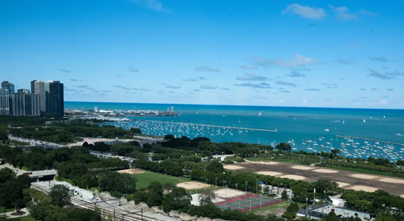 living room with lake view at Eleven Thirty Apartments in the South Loop