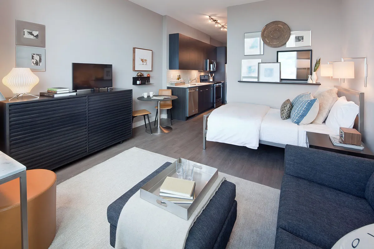 living room and skyline view at 1000 South Clark Apartments