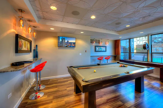 living room with lake view at Eleven Thirty Apartments in the South Loop