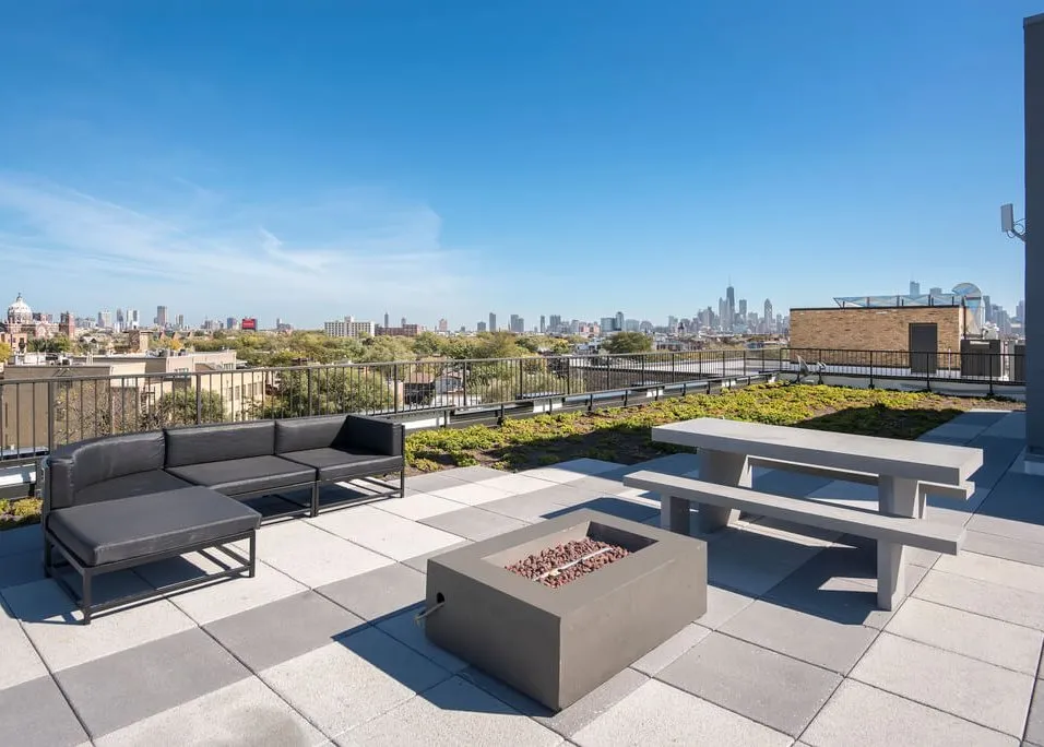 living room in the model apartment at 1647 North Milwaukee Apartments