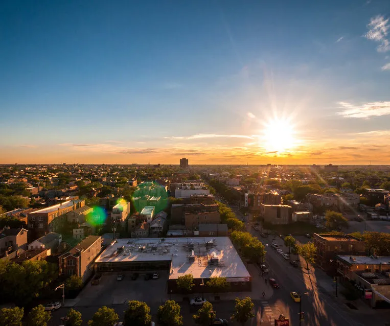 roof top view looking west at sunset at 1611 W Division Apartments
