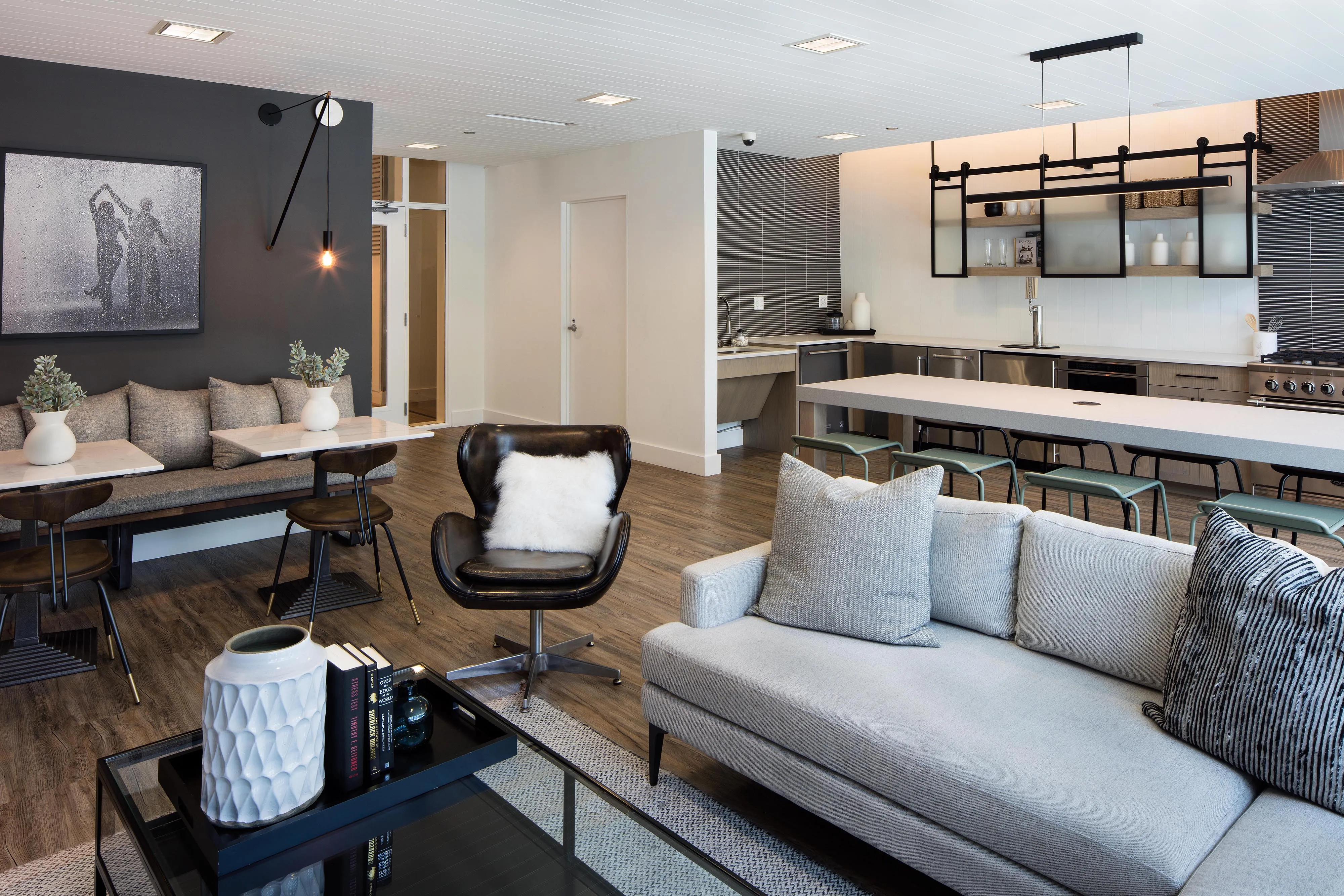 living room and kitchen at 1401 South State Apartments in South Loop Chicago