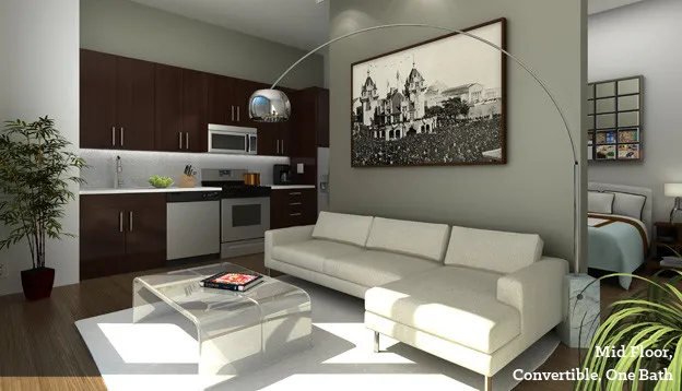 living area and kitchen at Halsted Flats Apartments in Chicago