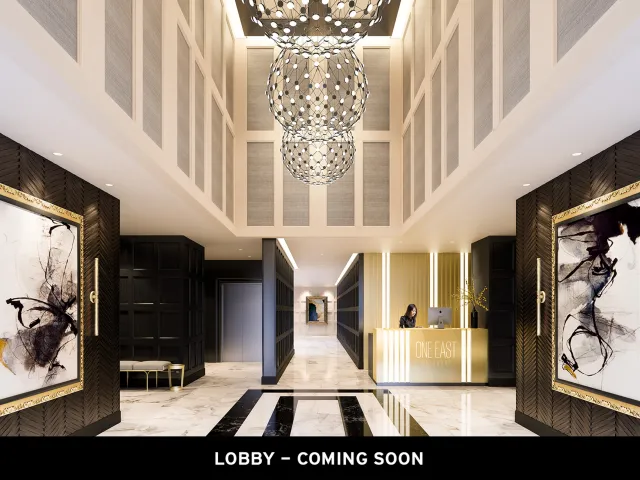 furnished model living room at One East Delaware Apartments