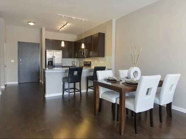 modern kitchen with brown wood cabints at The Shelby Apartments in Chicago